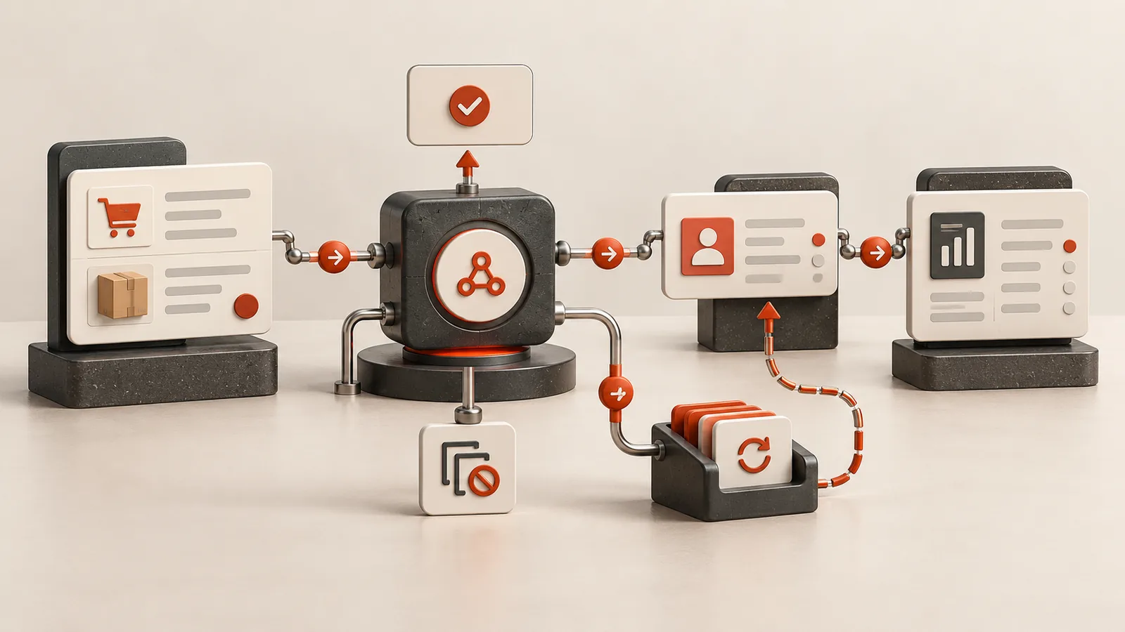 Business systems connected through an integration hub with acknowledgements and a retry queue