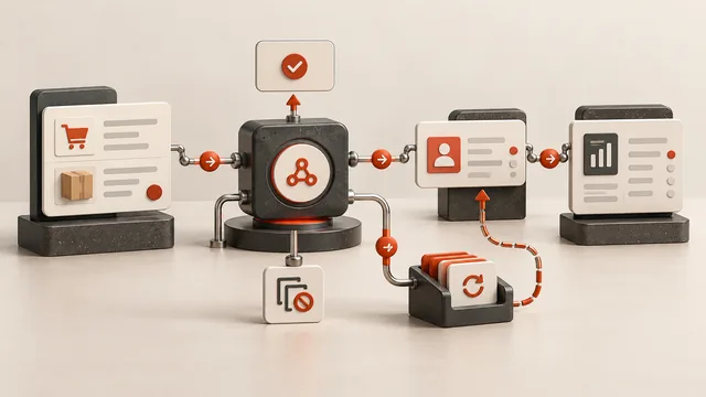 Business systems connected through an integration hub with acknowledgements and a retry queue