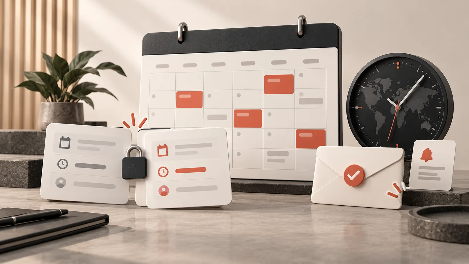 Calendar reservations, overlapping booking cards, a lock and a confirmation envelope