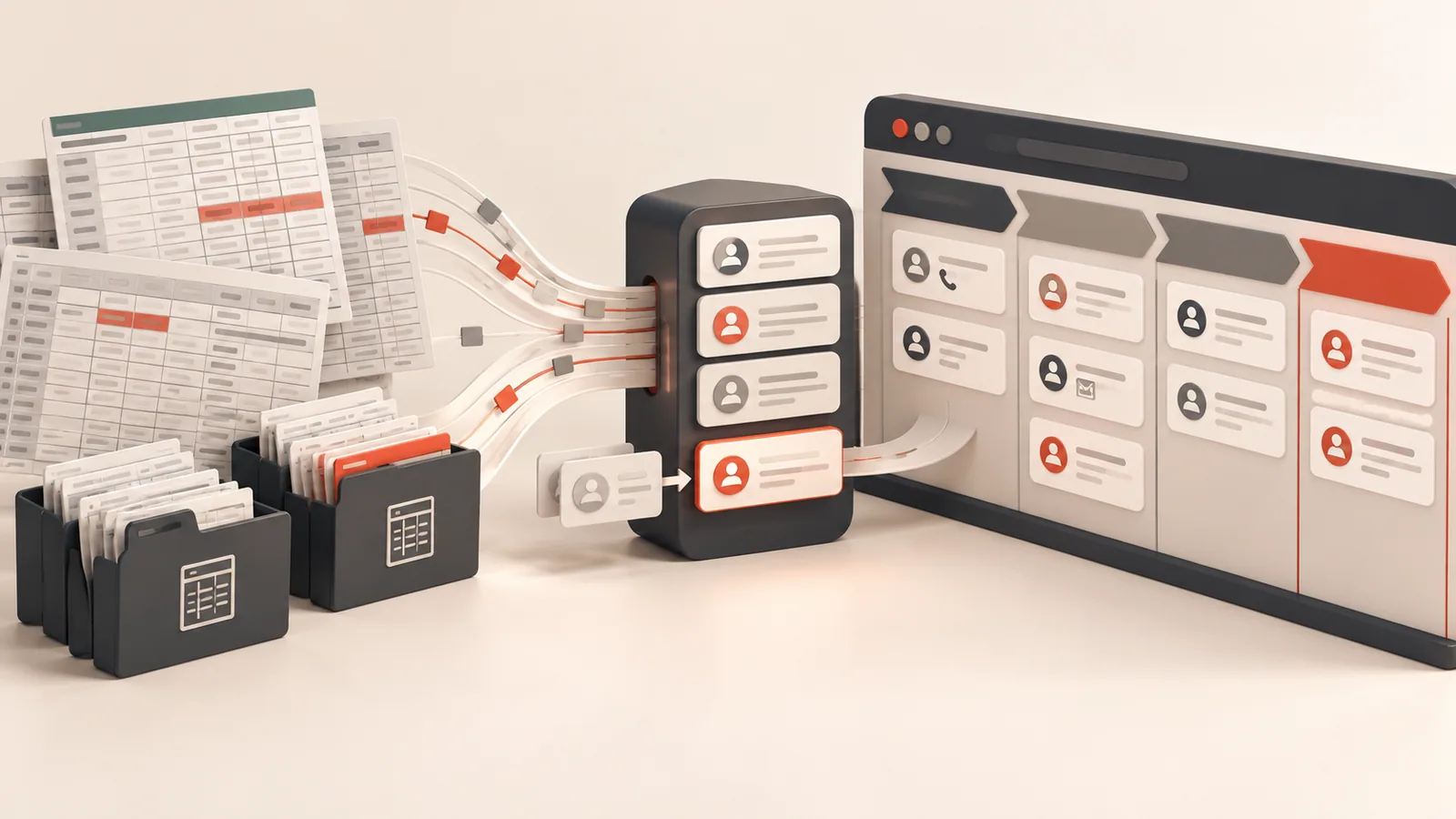 Spreadsheets and duplicate customer cards consolidated into an organized sales pipeline