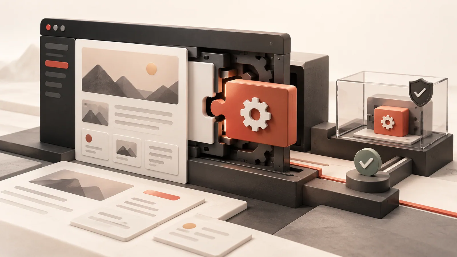 A custom plugin module fitted into a website engine beside a protected staging test enclosure