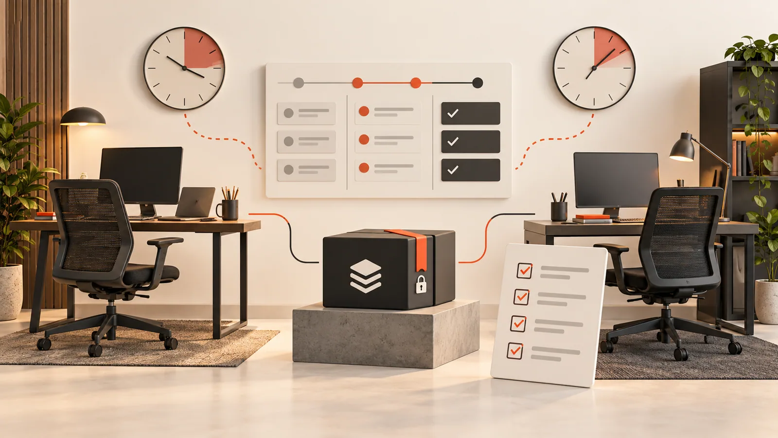 Two remote workstations linked by time-zone overlap, shared milestones and a secure code handover