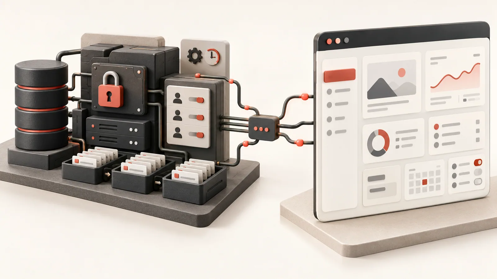 Backend permissions, database and job queues connected to an interactive application interface