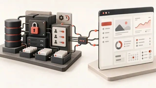 Backend permissions, database and job queues connected to an interactive application interface