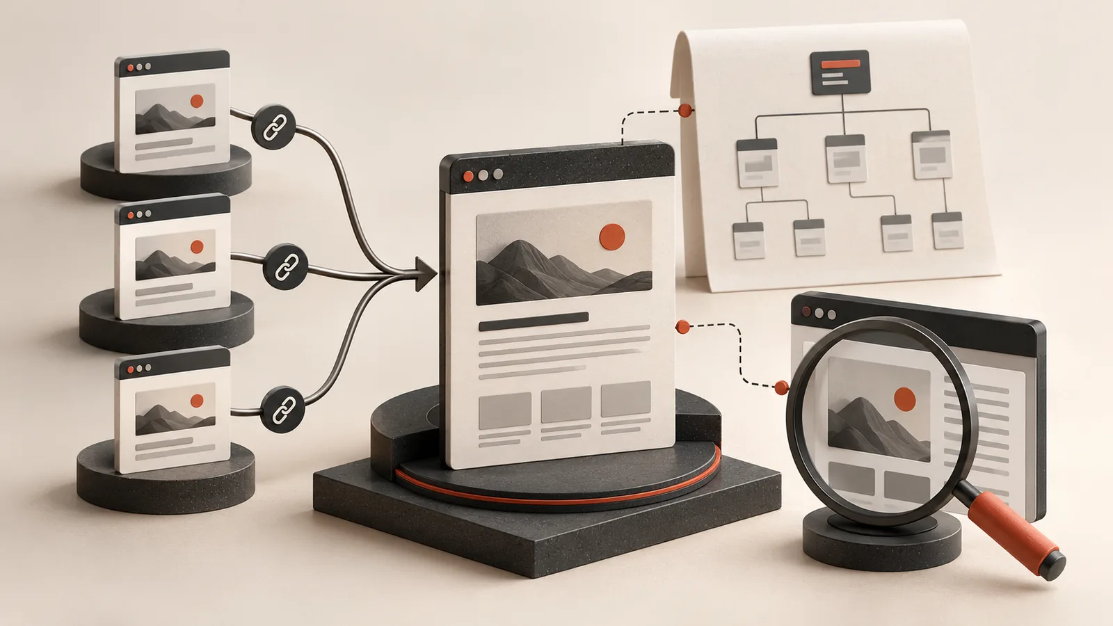 A linked website architecture with canonical pages, a sitemap and rendered-content inspection