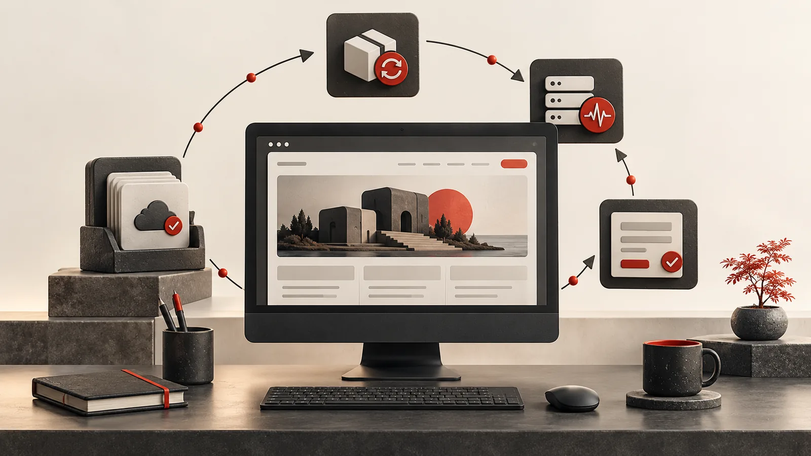 A website maintenance cycle showing updates, backups, monitoring and form checks