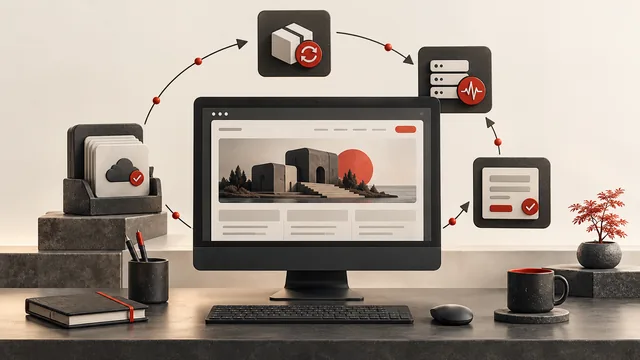 A website maintenance cycle showing updates, backups, monitoring and form checks