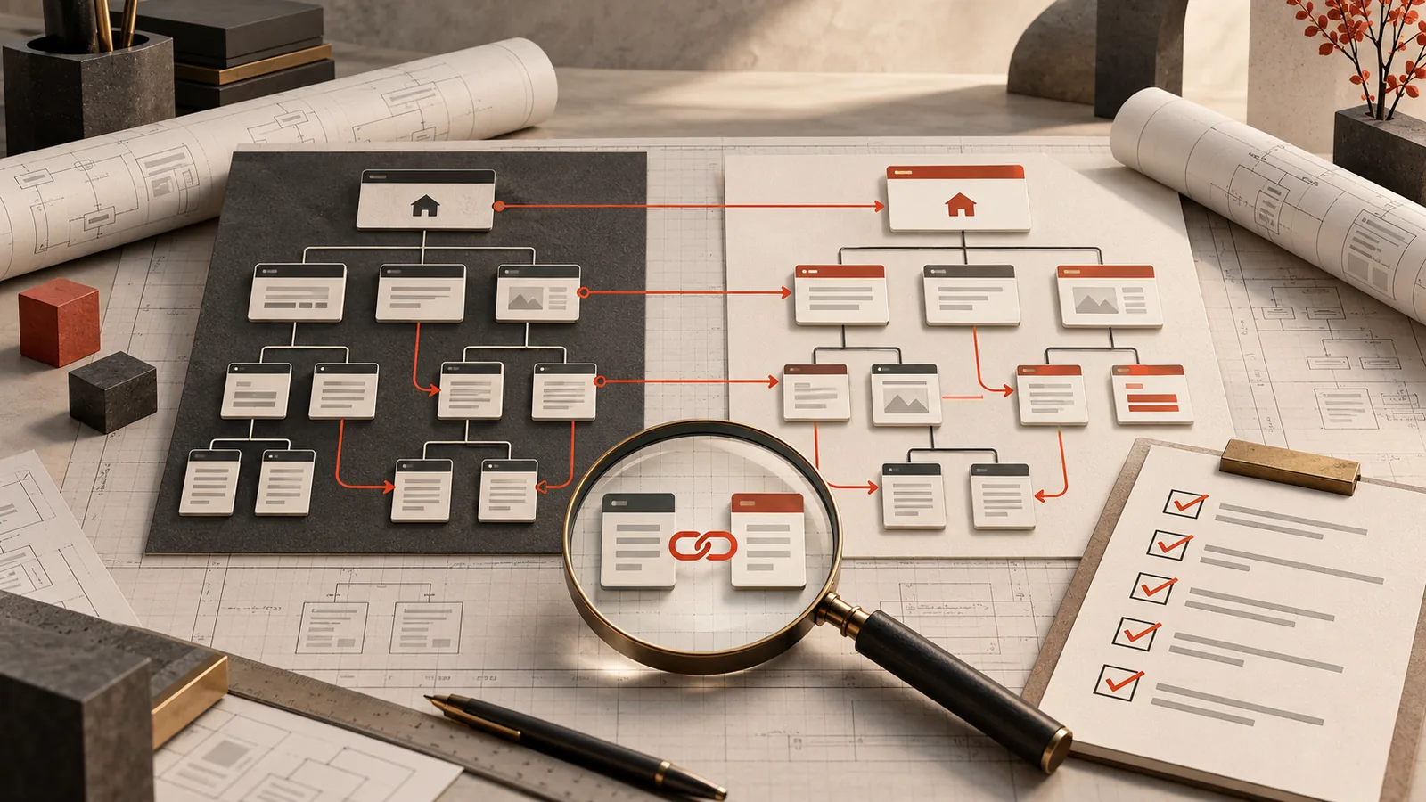 Original and redesigned page trees connected by planned URL redirects