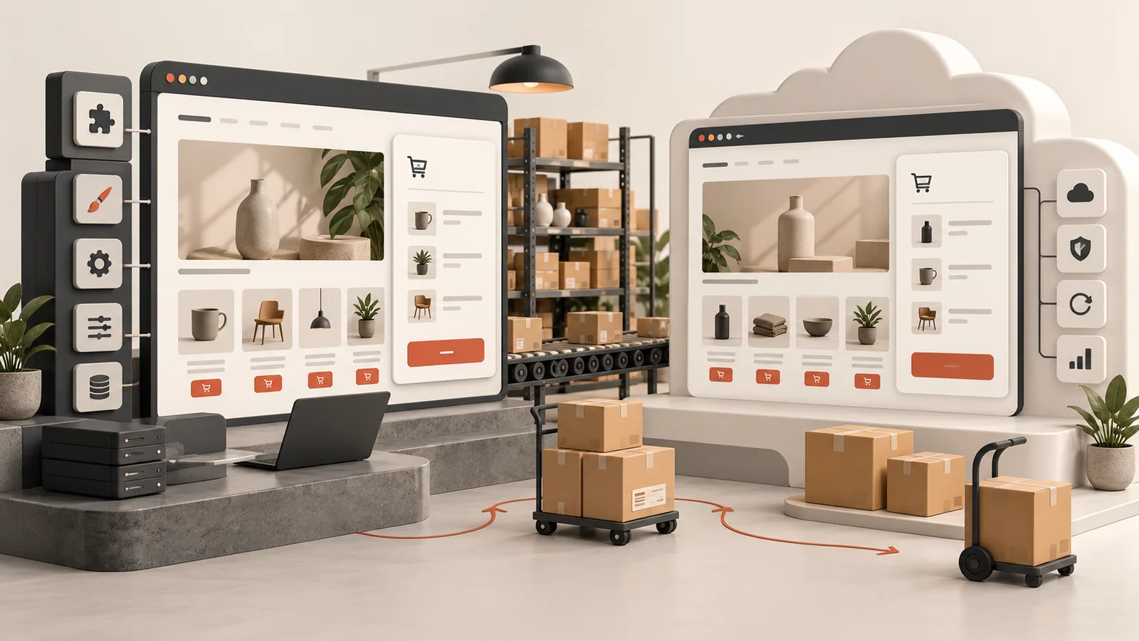 A modular self-managed online store and a streamlined hosted store connected to products and shipping