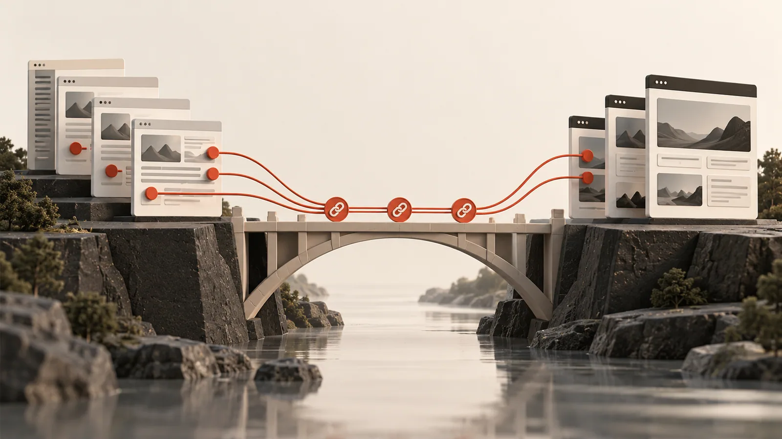 Old and new content pages connected by matched routes across a migration bridge