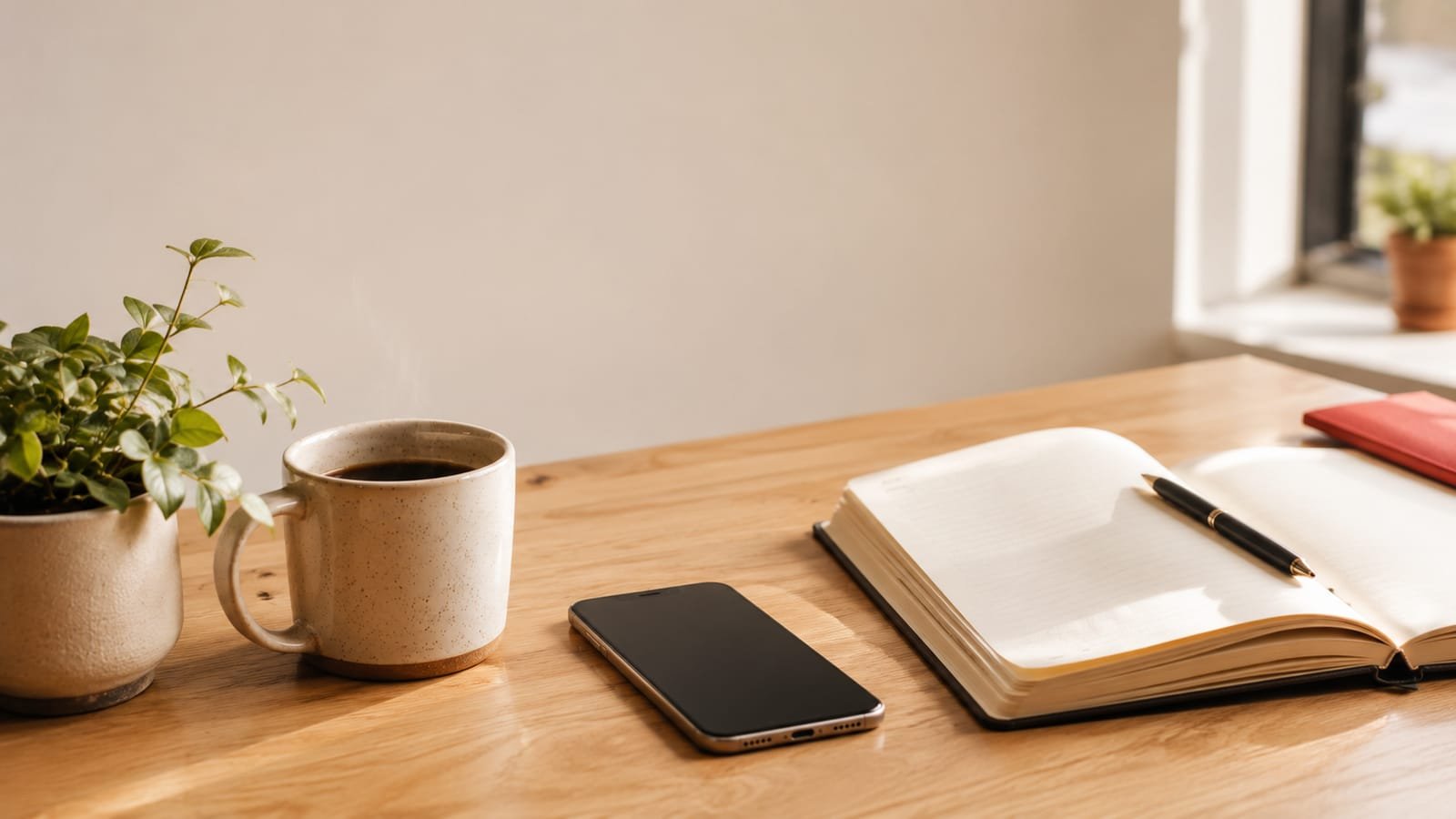 A calm desk with a phone, coffee and an open notebook, ready for a new conversation.